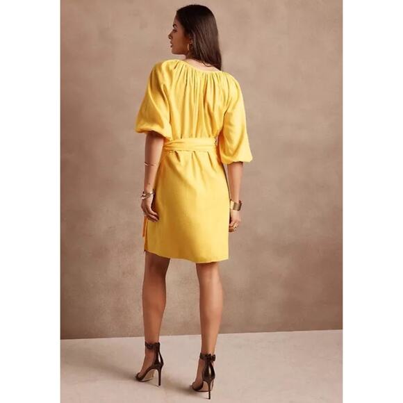 Banana Republic Linen Blend Wrap Dress Poppy Yellow Puff Sleeve SP - Picture 3 of 10